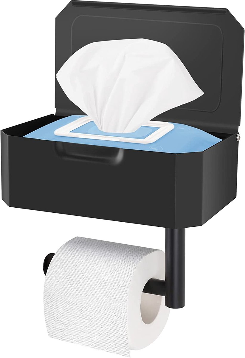 Toiletrolhouder met Vochtige Doekjes Box – WC Rolhouder Zonder Boren – Zwarte Toiletpapierhouder met Opbergplank – SUS 304 RVS Wandmontage – Toiletrolhouder met Opbergruimte voor Badkamer en Toilet