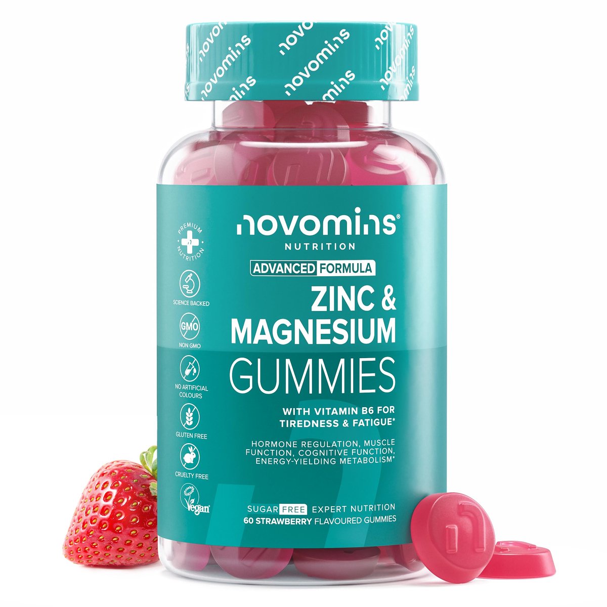 Zink & Magnesium, met Vitamine B6, 60 Gummies, Suikervrij, Vegan, Halal, Getest door Eurofins, Novomins