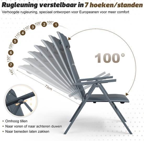 Devoko Aluminium Tuinstoelen 2 Stuks - opvouwbare - 7-standige verstelbare rugleuning - Teslin-stof + sneldrogend gewatteerd katoen - gemakkelijk mee te nemen - campingstoel Weerbestendig - Grijs — afbeelding 3