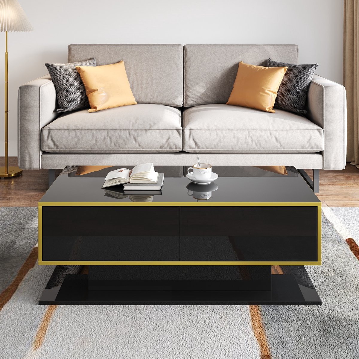VVBV Woonkamertafel - LED-Verlichting, Hoogglans, Lift-Top, 3 Lades - Goud