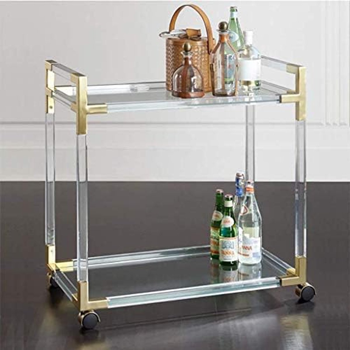Serveertrolley op wielen 80 x 45 x 85 cm – 2-laags glazen bar cart / opslagwagen met vergrendelbare remwielen – luxe moderne keuken- en horeca serveerwagen – Mobili Bella