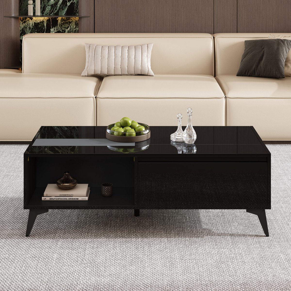 VVBV Woonkamertafel 110x50x48 cm met Voor Woonkamer, Lift-Top - Hoogglans - Zwart