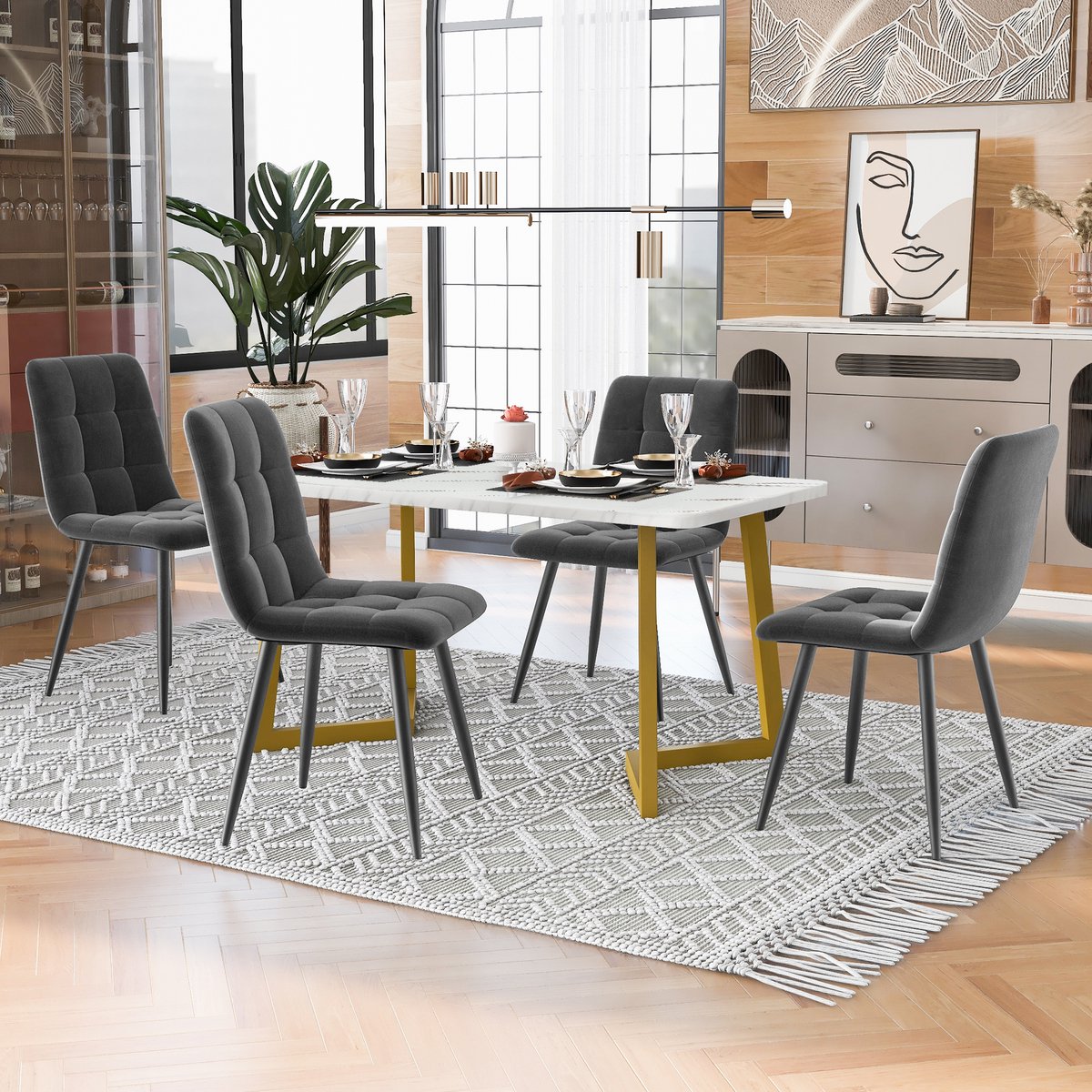 Moderne rechthoekige eettafelset - 5-delig - 1 eettafel en 4 stoelen - gouden tafelpoot en wit tafelblad - lichtgrijze eetstoelen