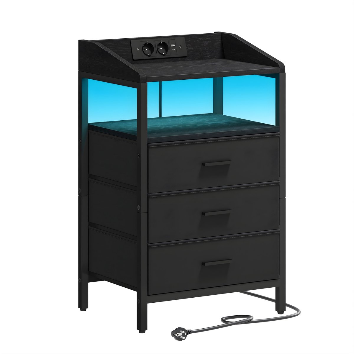 Happiq Nachtkastje – Voor Slaapkamer – Bijzettafel met LED-Verlichting, Oplaadstation, 3 Stoffen Lades, Planken, USB-Poorten en Stopcontacten – Zwart Black