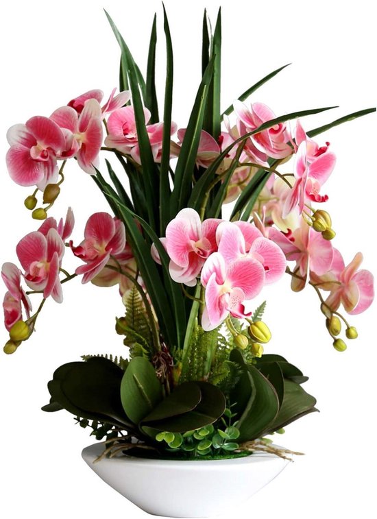 Kunstorchideeën Arrangement - Nep Bloemen - Huis Decoratie - Realistisch Ontwerp - 50cm Hoog - Wit Roze