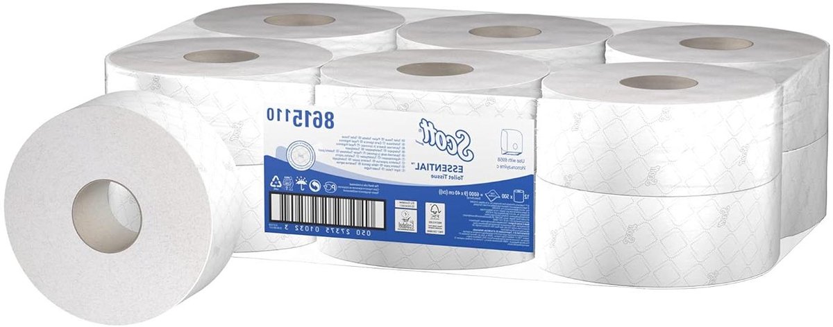 Jumbo toiletrollen - Grote rollen - Hygiënisch werken - Biologisch afbreekbaar - 12 rollen - Wit