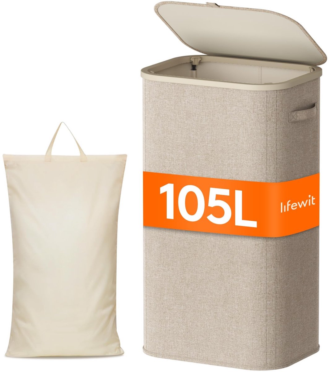 Dailygoods - Dailygoody - Wasmand - 105L - Vouwbaar en Met Deksel - Beige - Handige Opbergoplossing - Geschikt voor Badkamer en Slaapkamer - Ruimtebesparend
