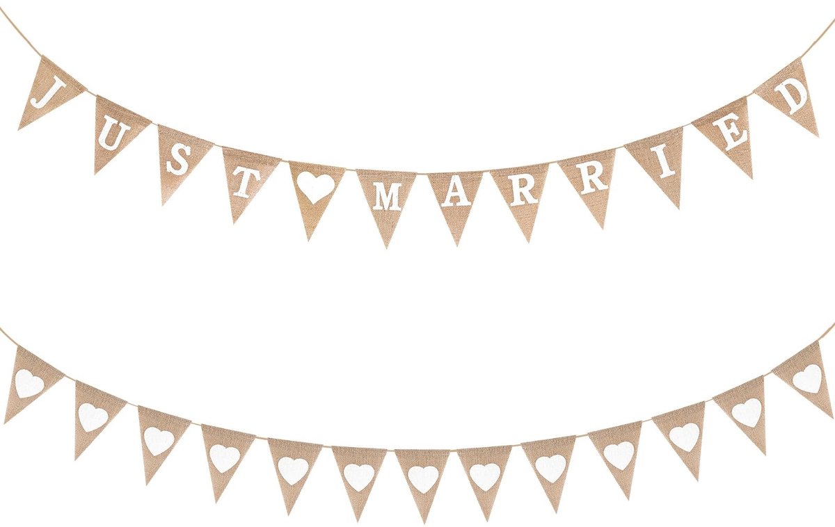 Dailygoods - Dailygoody - Just Married slinger - Bruiloft vlaggetjesslinger - Vintage jute banner - Kleur vlas - Feestdecoratie - Perfect voor bruiloften en verjaa