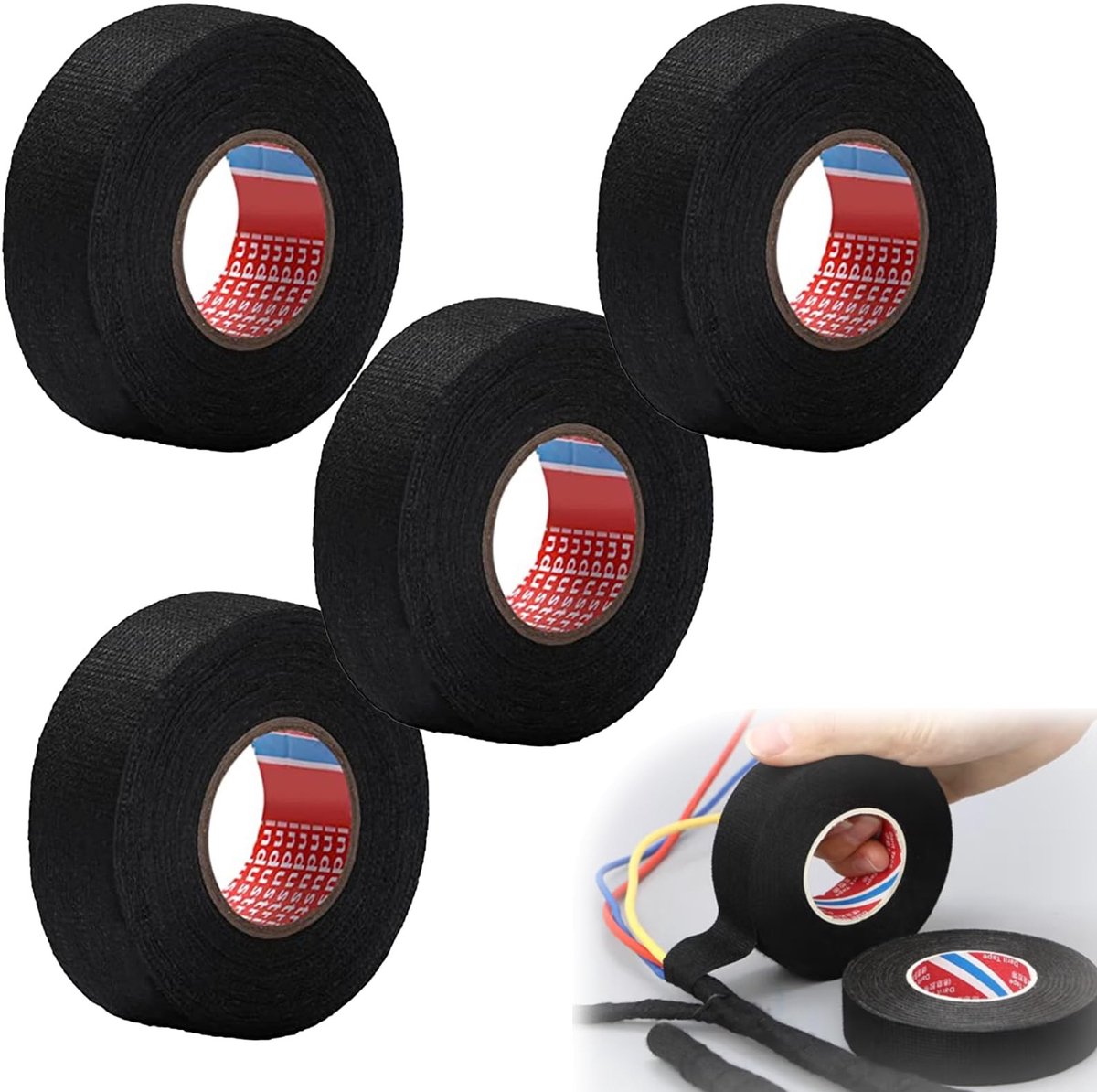 Dailygoods - Dailygoody - Textieltape - Isolatietape - Zwarte Kleur - 19mm x 12m - 4 Stuks - Voor Auto - Huishouden