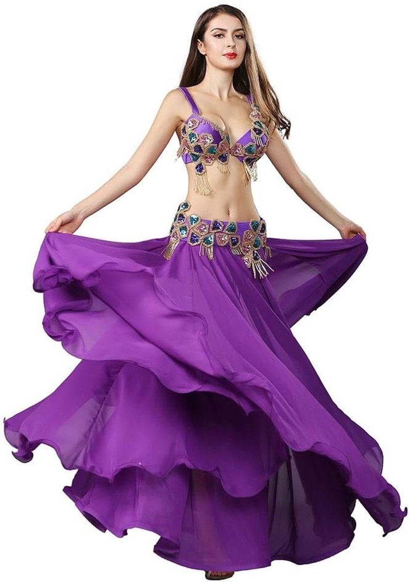 Bellydance Rok met Beaded Borduurwerk en Bra Girdle voor Dames - Flamenco Chiffon Maxi Lange Rok voor Carnavalsoutfit en Dansoptredens