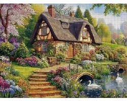Volledige Borduurpakket Volwassenen - Kruissteek - Voorbedrukt - Een huis in de lentetuin - Hobby en Creatief - Huis - Borduurset - Tuin - Zwanen - 30x40 cm - 14CT