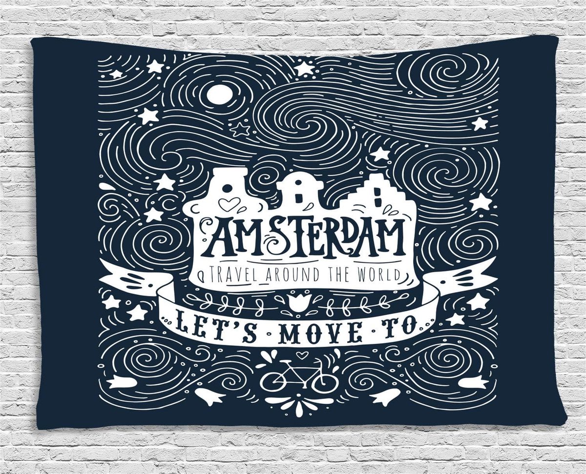 ABAKUHAUS Amsterdam Wandtapijt, Reiswoorden met Sterren, Woonkamer Slaapkamer Wanddoek Zijdezacht Satijn Tapijt, 150 x 100 cm, Donkerblauw en Wit