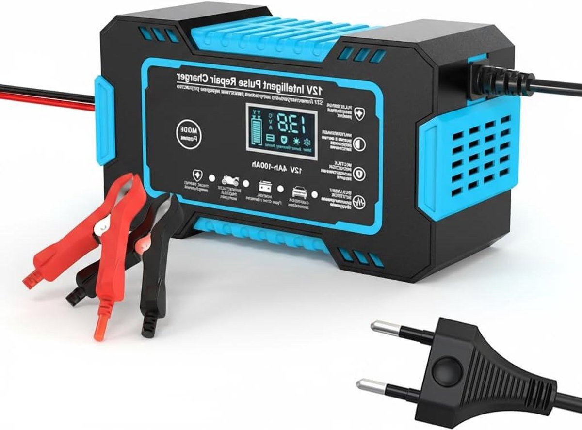 Acculader Auto Motor - Batterijlader Slim - Batterij Onderhoud - LCD Scherm Realtime - 12V 6A 100Ah - Blauw