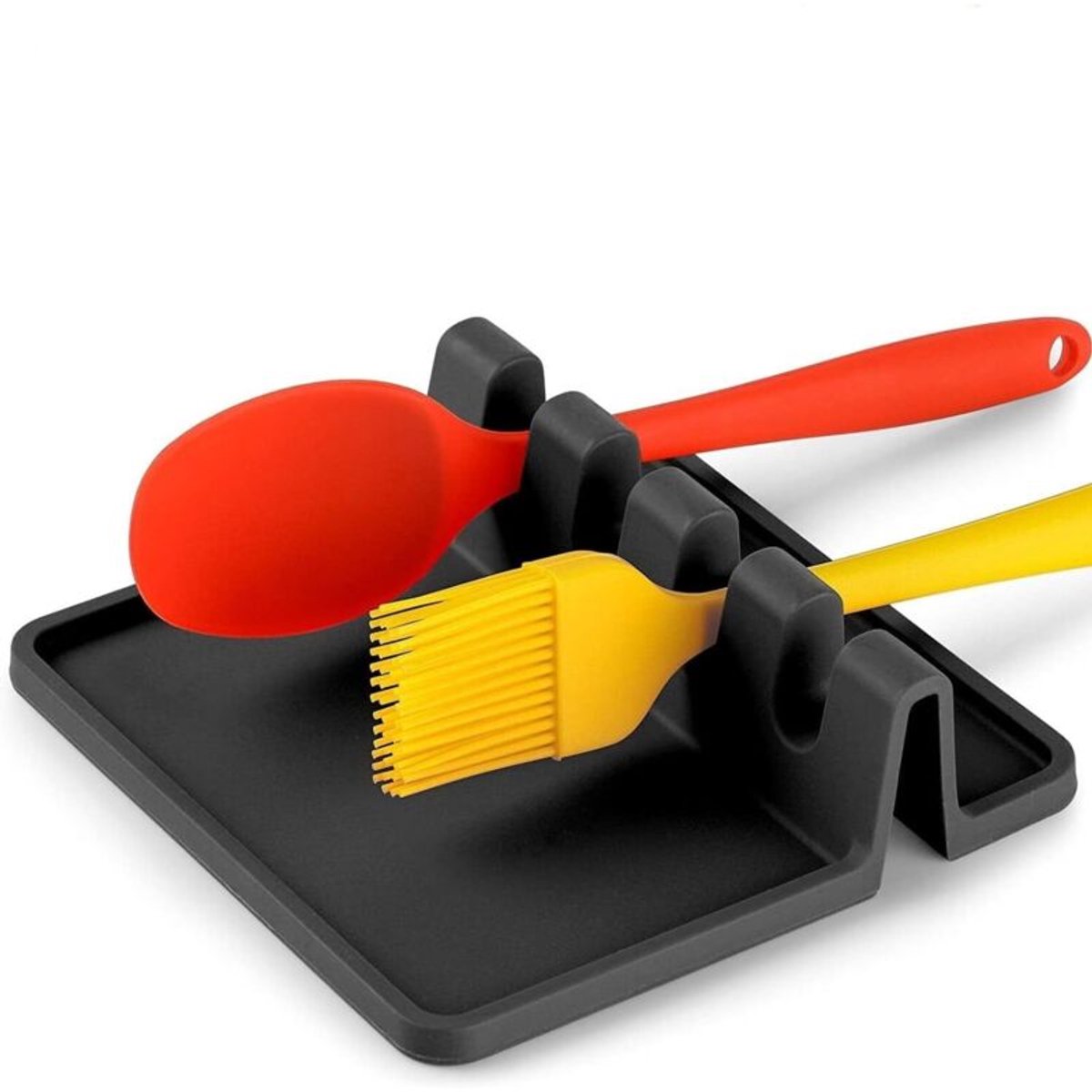 Siliconen keukengerei-rekjegeschikt voor druppelwerende onderlegger, BPA-vrij, hittebestendig, geschikt voor het opbergen van diverse keukengerei, kan ook gebruikt worden als lepelrekje op het fornuis, zwart.