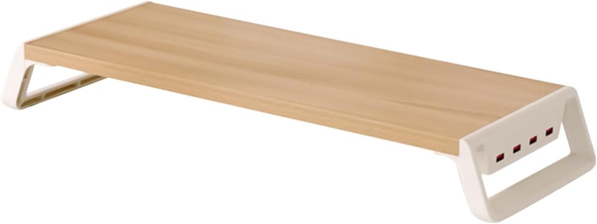 Houten Bureauplank - Monitor Verhoger - Bureau Organiseren - Met 4 USB-poorten - 54x20x7.5cm - Houtkleur