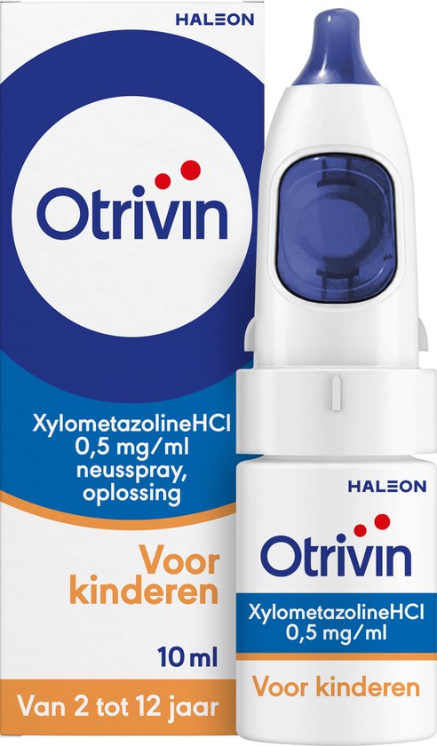Otrivin neusspray voor kinderen, 0,5 mg/ml. Flesje en doosje met blauw, oranje en witte opdruk.