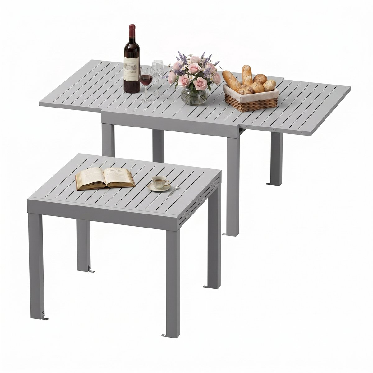 Devoko Tuintafel van aluminium - uitschuifbare - verstelbare tafelpoten - 80/160 x 80 cm - 4-8 personen - 200KG - antiroest, waterdicht, krasbestendig, lichtgewicht en gemakkelijk mee te nemen - uittrektafel voor tuin-terras -lichtgrijs