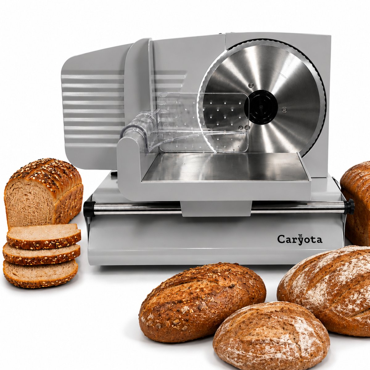 Caryota Broodsnijmachine - Snijmachine - RVS Snijblad Ø 19 cm - Anti-slip - Verstelbare Dikte 0-15 mm - 220 W - Vaatwasserbestendig - Brood Bakken