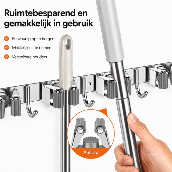 BOTC Bezemhouder - 5 Houders 6 Haken - 304-RVS - 5 Houders 6 Haken - 304 RVS - Zelfklevend 3M Tape - Gereedschapshouder - Bezem Ophangsysteem Tuingereedschap - Gereedschapshouder - Zilver — afbeelding 3