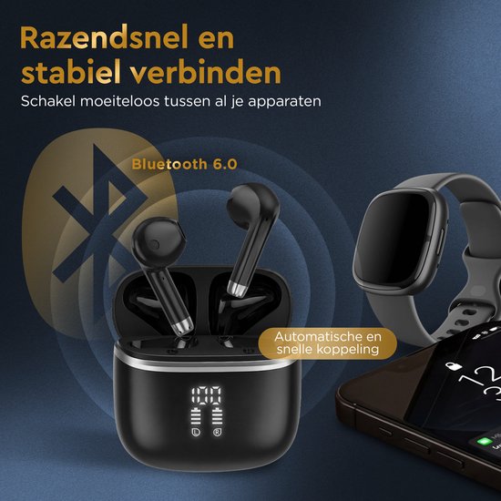 Golden Sound Oortjes draadloos - Draadloze oordopjes - Oortjes - Bluetooth oordopjes - 30 uur batterijduur - Sport oordopjes - Earpods - Led Display - Noise Cancelling - Zwart