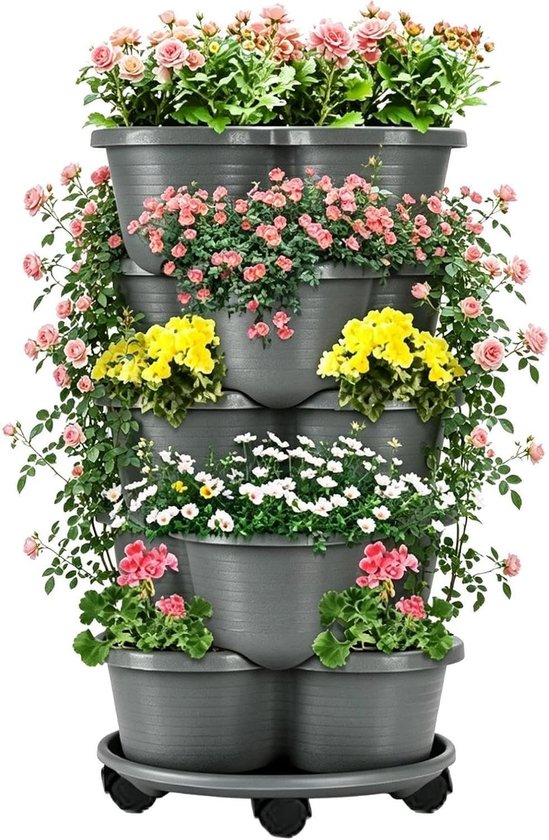 Verticale Plantenpot - Stapelbare Bloempot - Ruimte Besparen - Met Wielen - 5 Traps - Grijs