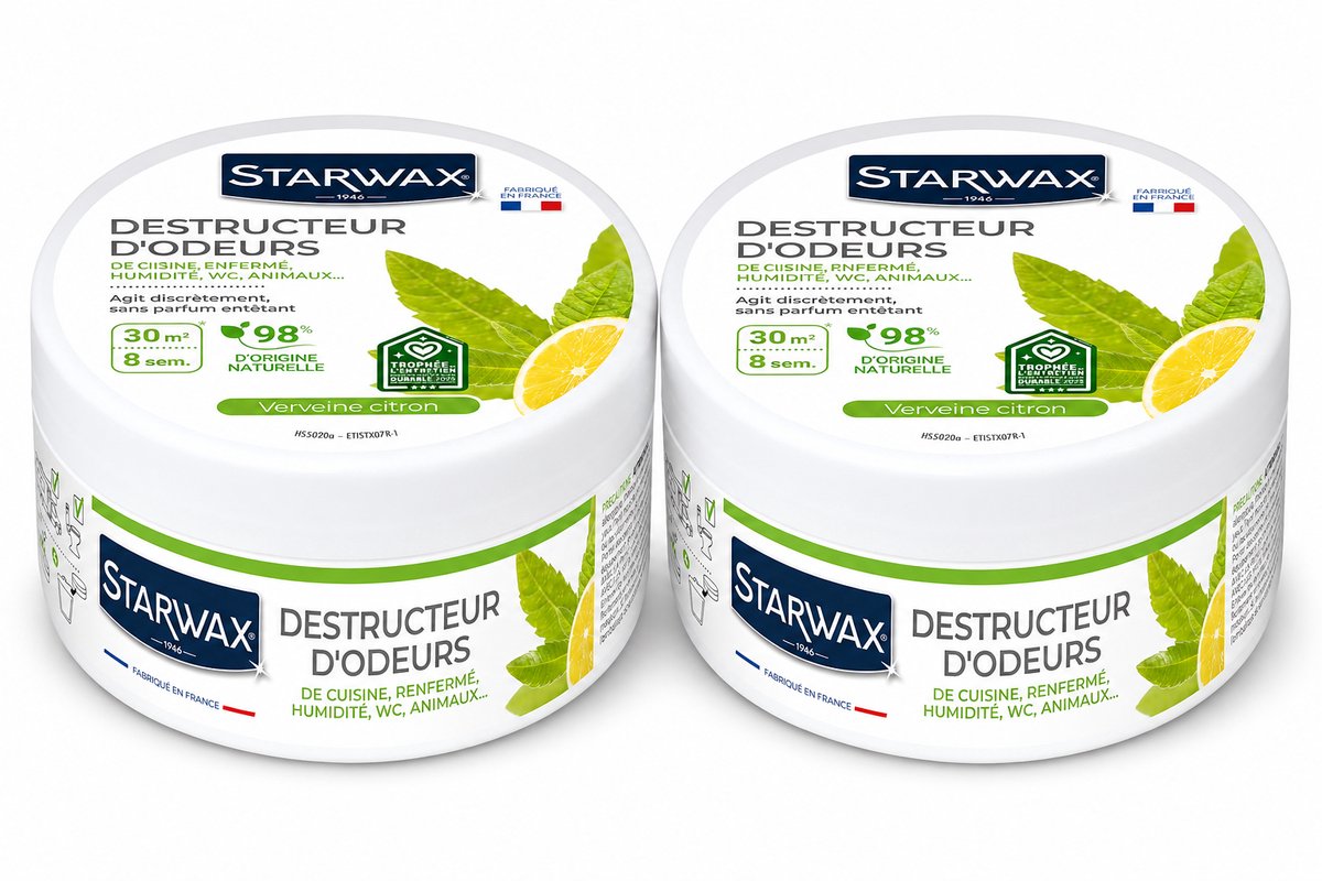 Starwax Geurverdrijver Verveine Citron 300 g - Set van 2 Stuks - Natuurlijke Luchtverfrisser Geurneutralisator - 8 Weken Werking tot 30 m² - 98% Natuurlijke Oorsprong - Made in France