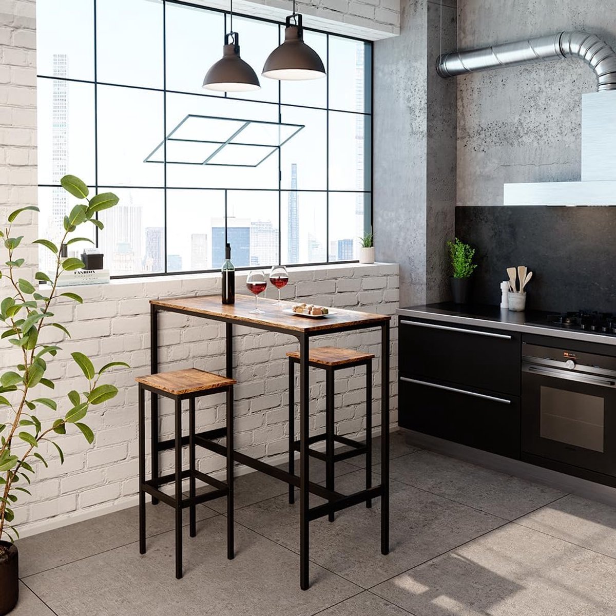 RusticFyrk IndustrialBar Bartafelset met 2 Barkrukken 120 x 50 x 105 cm – Industriële Keuken- en Bistroset in Antiek Houtlook en Metaal – Reclaimed Wood Design