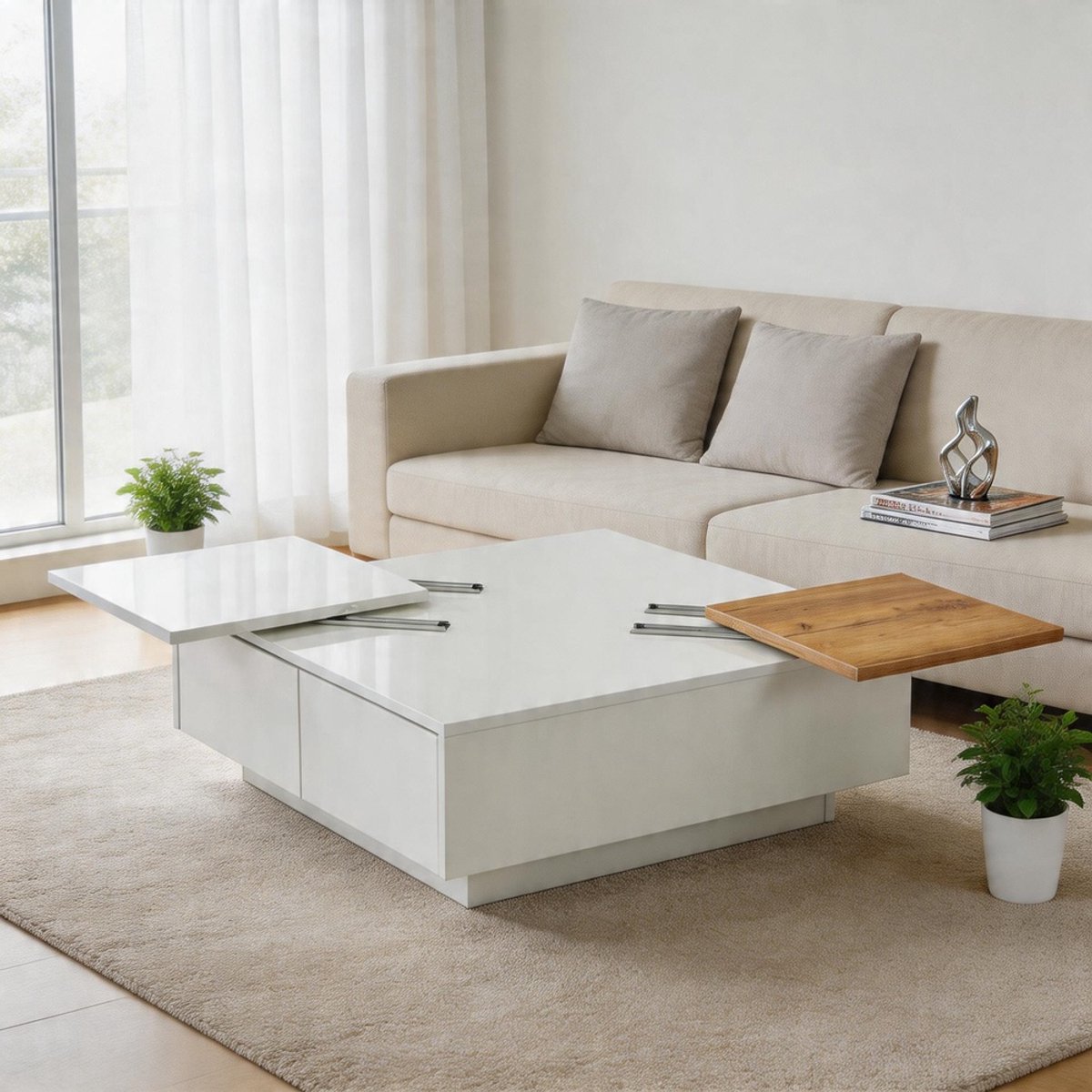 Komhtom - Moderne hoogglanzende witte houten vierkante salontafel met opbergvlak - klein verschuifbaar tafelblad - max. draagvermogen 30 kg - 757533,5 cm
