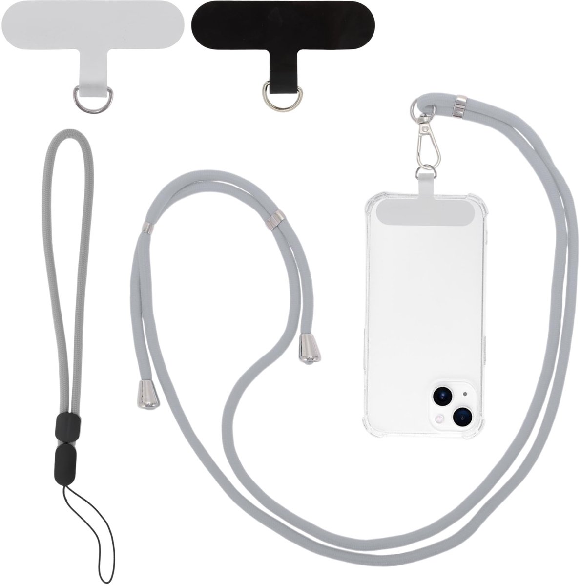 Dailygoods - Universele Mobiele Telefoonketting met 2 Patches Grijs