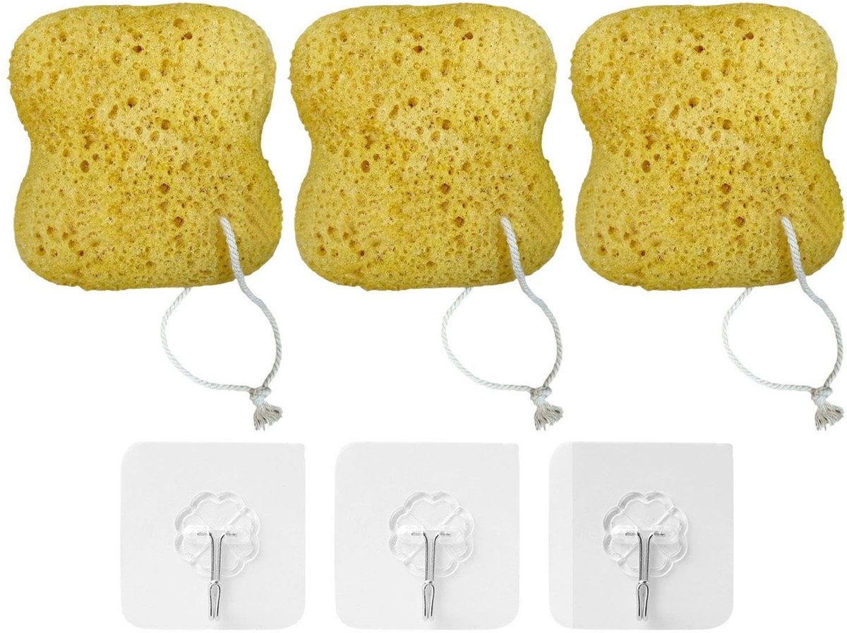 Dailygoods - Set van 3 Badkamersponsen en Lijmhaken voor Douche en Bad
