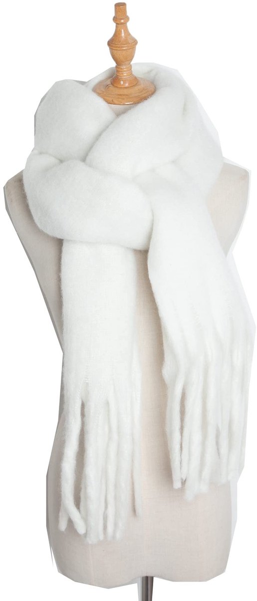 Dailygoods - Innovra - Dailygoods - Dailygoody - Winter gebreide damessjaal - Extra zachte sjaal - Lange sjaal met franjes - Wit - Dikke omslagdoek - Ideaal voor koudere maanden