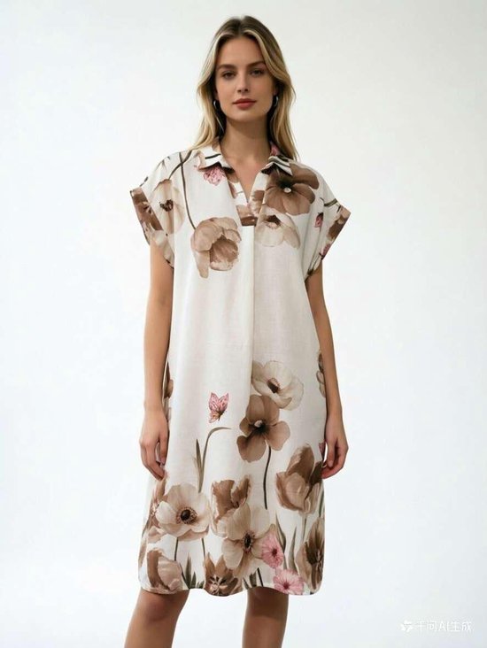 NG Fashion - Robe d'été femme - Robe de plage - Robe chemise à imprimé floral -26001- Taille unique (38-42) marron