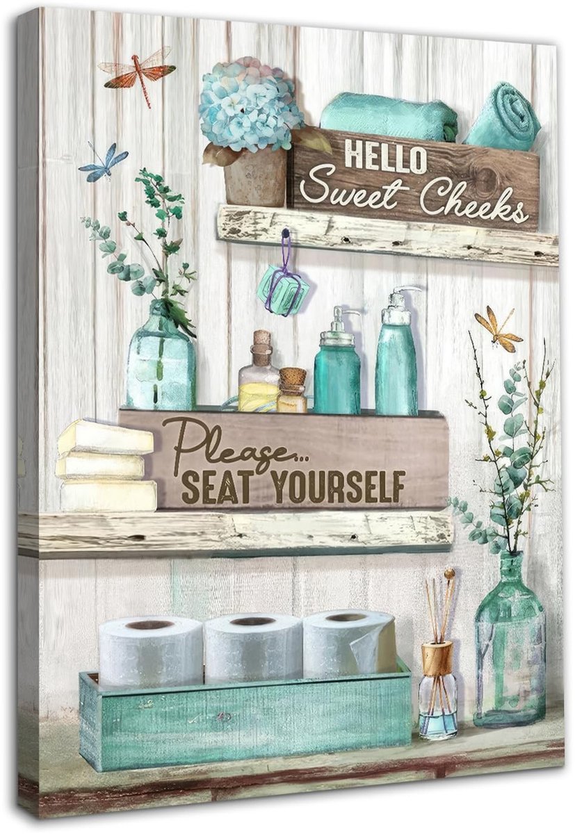 Dailygoods - Ingelijste Rustieke Wanddecoratie voor Badkamer met Libel en Bloemen