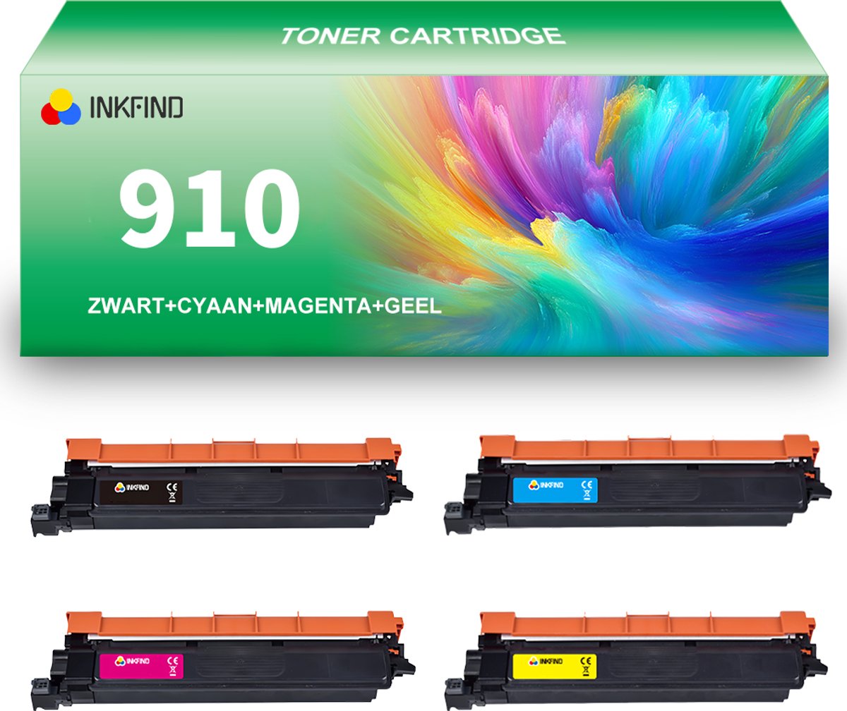 INKFIND TN910 tonercartridge multipack van 4 stuks (Zwart+Cyaan+Magenta+Geel) compatibel met Brother TN910 Brother TN-910 TN-910BK/TN-910C/TN-910M/TN-910Y voor Brother HL-L9310CDW MFC-L9570CDW hoge capaciteit toner cartridge - 4-pack BK/C/M/Y