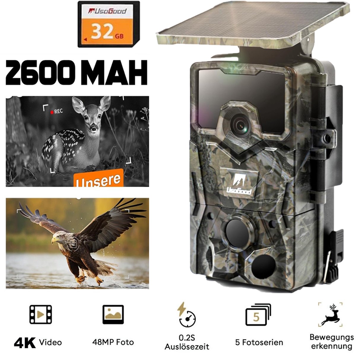 Usogood Wildcamera met Zonnepaneel Oplaadbaar - 4K Ultra HD & 48MP - Wildcamera met Nachtzicht - 2,0 Inch HD-Display - Wildcamera Voor Buiten - Nachtzicht - 32GB SD - 2600 mAh Batterij