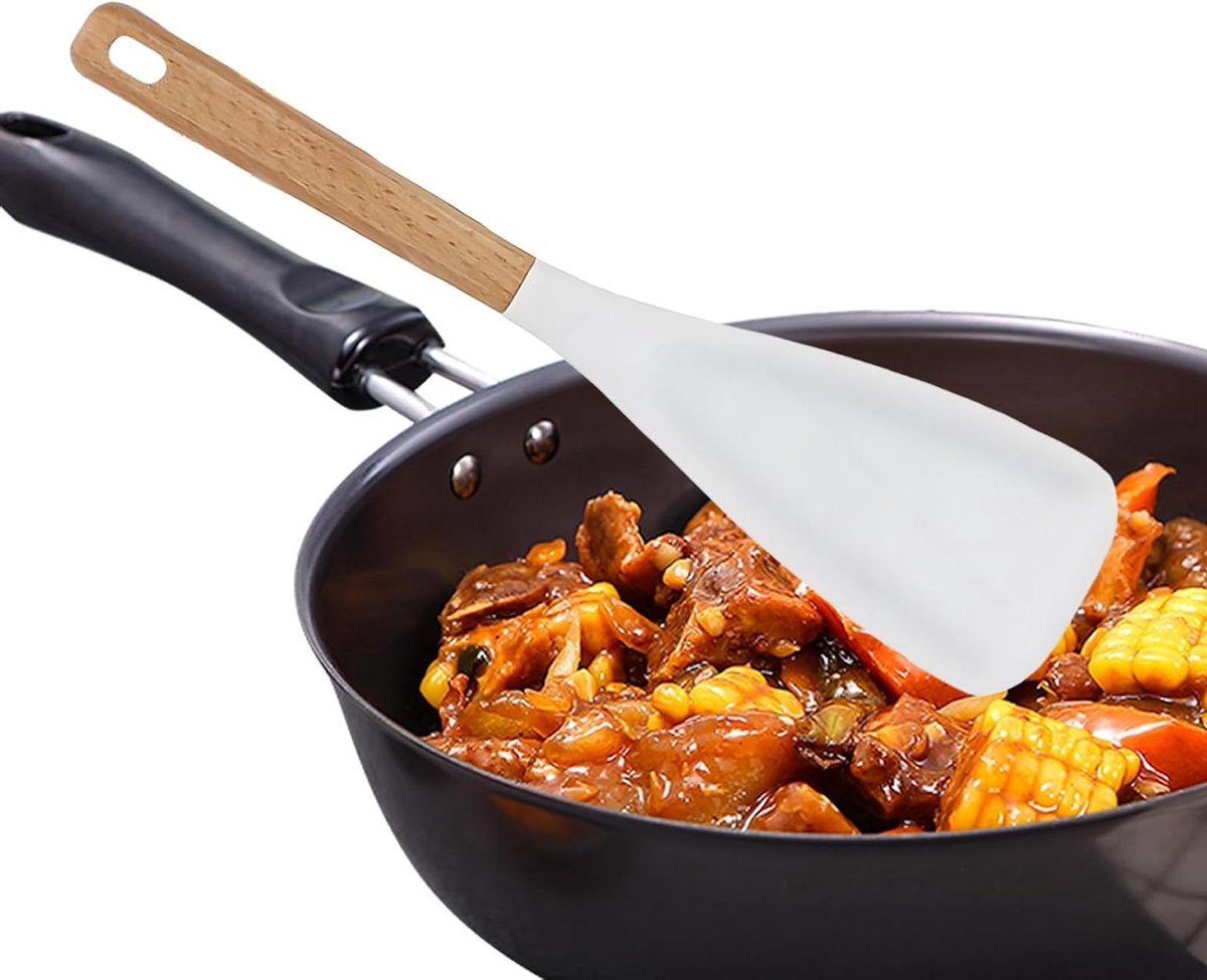 Siliconen Kooklepel - Hittebestendige Spatel - Koken en Bakken - Houten Handvat - 10x5 cm - Wit