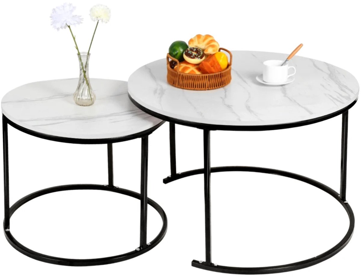 Brandistry - Salontafel - Salontafel Rond - Set van 2 - Woonkamer - ]]Zwart Frame - Wit Marmer blad - Diameter 50cm en 70cm