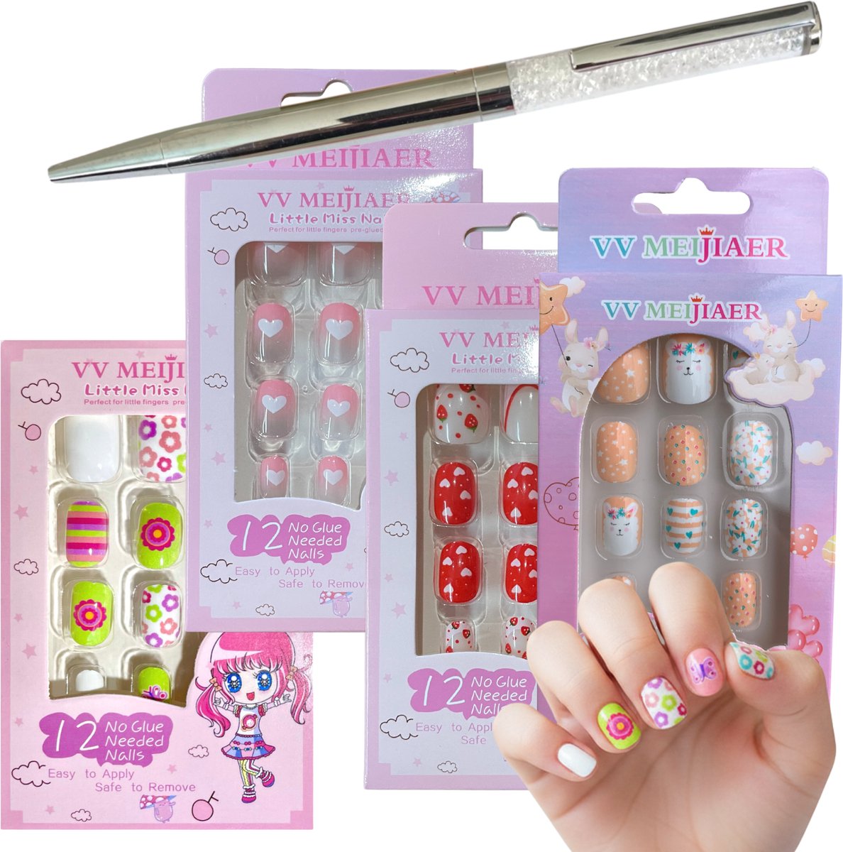 Plaknagels voor Kinderen | 4 x 12 Nepnagels | Geen Lijm Nodig | Met Gratis Pen!
