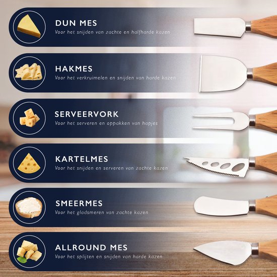 Set kaasmessen: dun mes, hakmes, serveervork, kartelmes, smeermes en allround mes met houten handvatten.