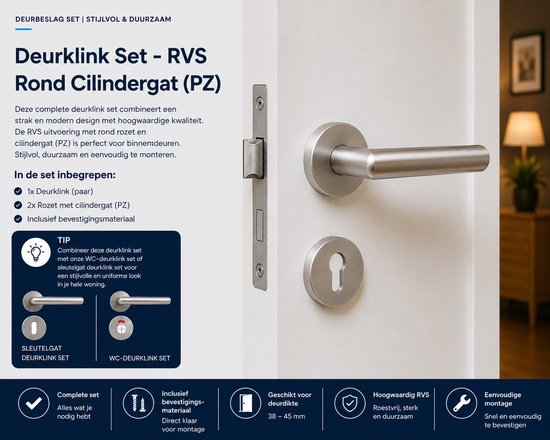 Slotman Solutions Deurklink Set RVS Geborsteld Rond Rozet PZ55 | Deurbeslag met Cilindergat | Complete Deurkrukken Set voor Binnendeuren | Inclusief Bevestigingsmateriaal