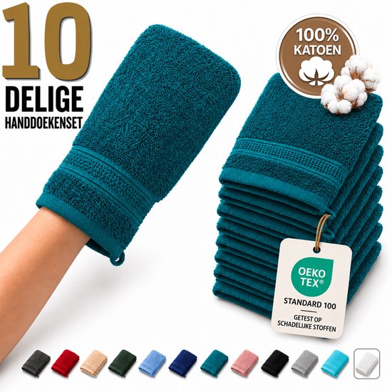 Ensemble de 10 gants de toilette bleu pétrole, 100% coton. Un gant de toilette est porté sur un bras.