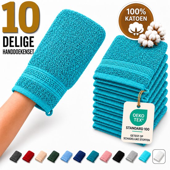 Komfortec Set de 10 Gants de Toilette - 16x21 cm - 100% Coton Doux - Éponge - Séchage Rapide, Turquoise