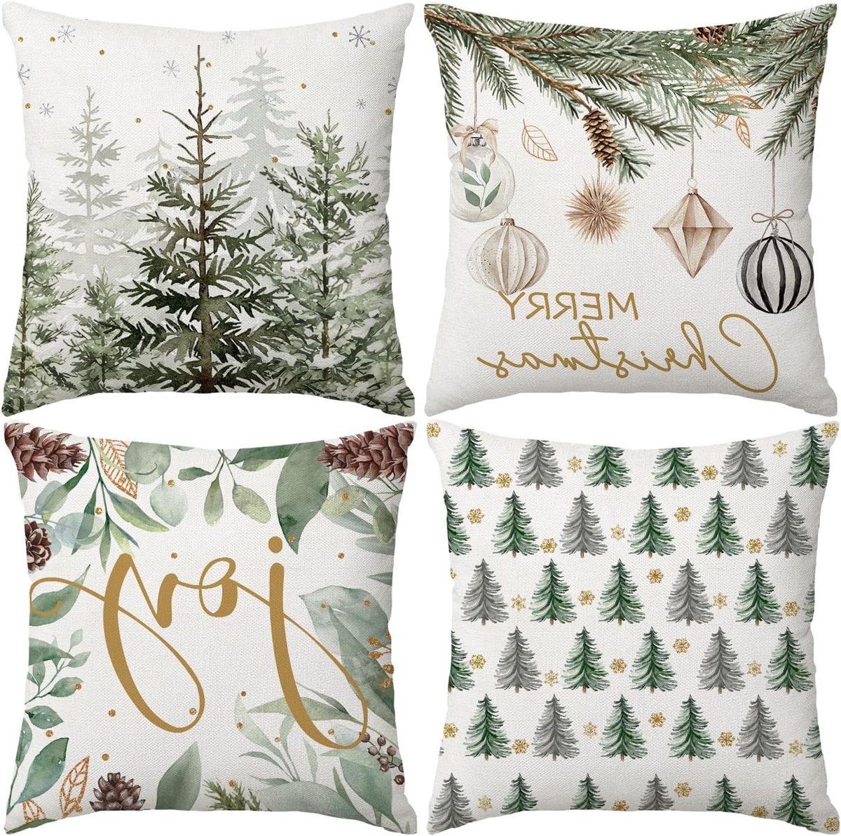 Kerstboom Kussenhoezen Set van 4, 50x50cm - Feestelijke Decoratie met Kerstballen voor Woonkamer en Bank