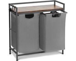 Wasmand met 2 Vakken - 92 Liter - Industrieel Wastsysteem met Houten Plank & Metaal Frame - Uitschuifbaar & Op Wielen - Wasmand voor Badkamer & Slaapkamer - 73x30x74 cm