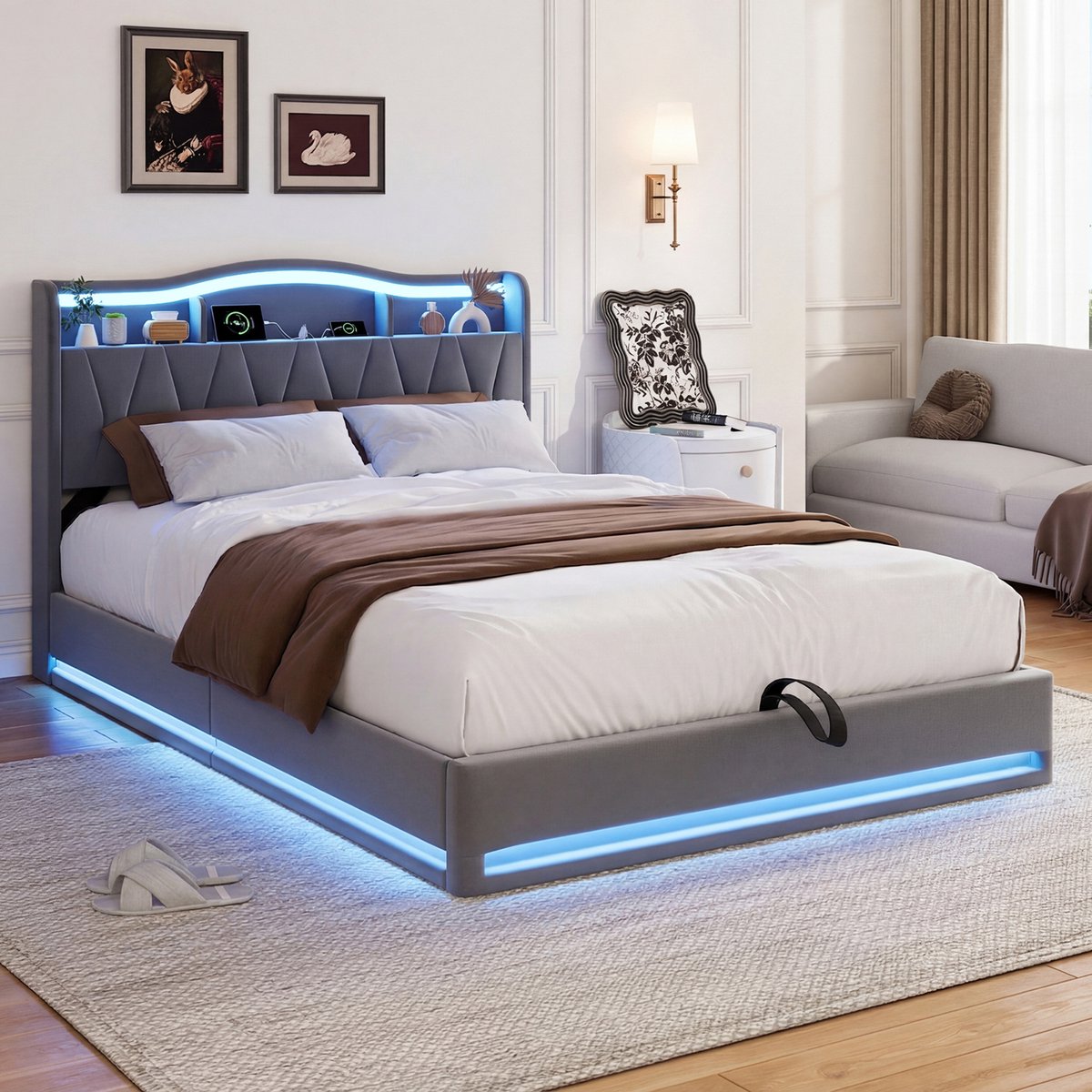 Solvenrik Opbergbed 160x200 Grijs Velvet – met LED, USB-C & Draadloos Opladen