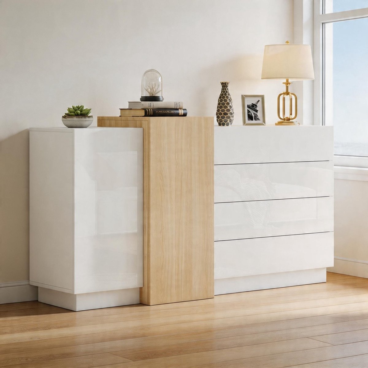 KOMHTOM Wit hoogglans dressoir - moderne eetkamerkast met opbergruimte - minimalistische houtkleurige moderne opbergkast