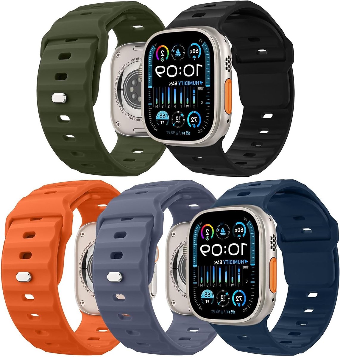 5-Pack Ocean Band Geschikt voor Apple Watch Ultra 2 en Series 1-10, Silicone Vervangband voor Mannen en Vrouwen, Comfortabele Polsband voor Sport en Dagelijks Gebruik