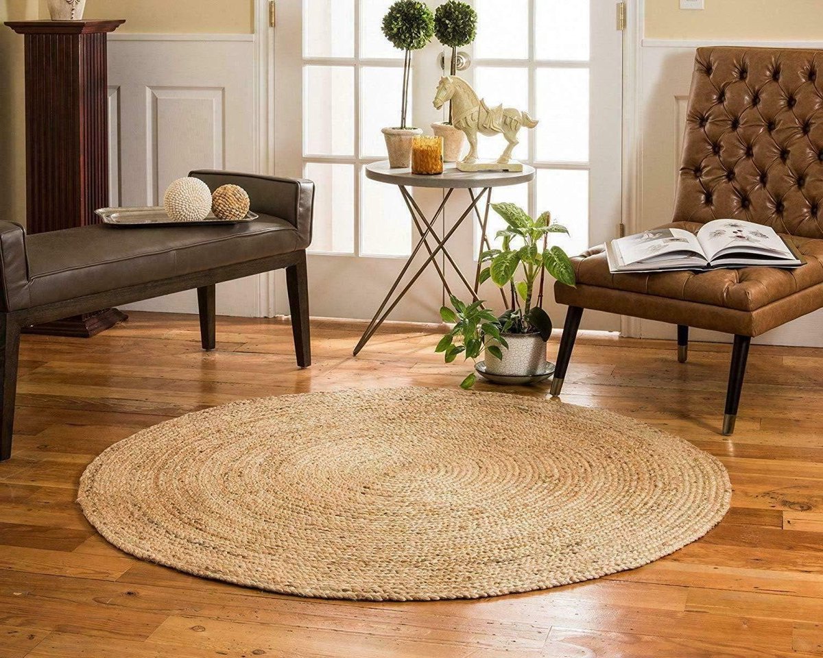 Vloerkleed Jute - Rond Kleed - Woonkamer Decoratie - Handgeweven Uniek - 270 cm - Natuurli