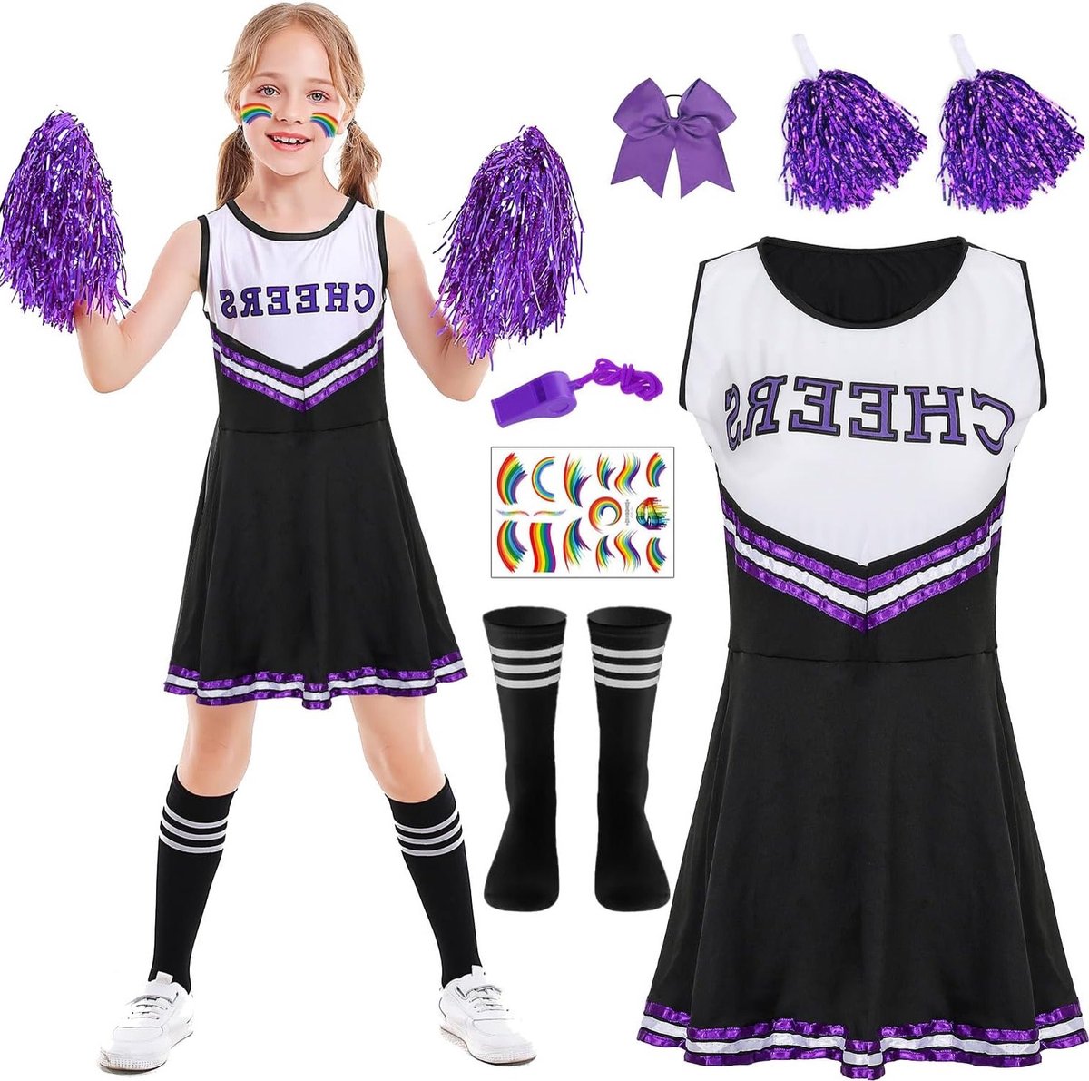 Kinderen Cheerleader Kostuum met Pompoms, Sokken, Fluit en Hoofddeksel voor Carnaval en Feestjes