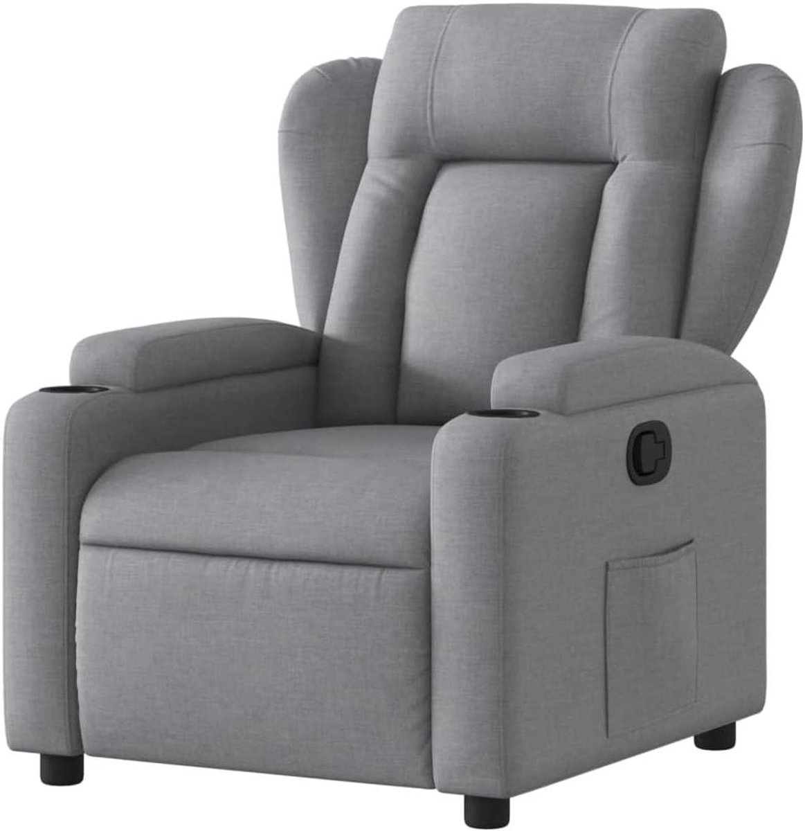 Relaxstoel met bekerhouder en zijzak, stoffen relaxstoel met handmatige verstelfunctie, comfortabele relaxstoel met voetensteun in lichtgrijs